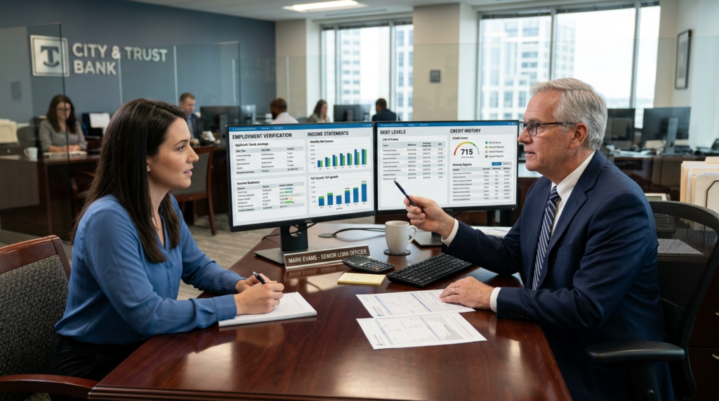 A woman and a man in business attire sit at a desk in a bank office discussing financial charts and loan approval on dual monitors. Documents, a nameplate, and discussions of credit score are present, with other employees working in the background.
