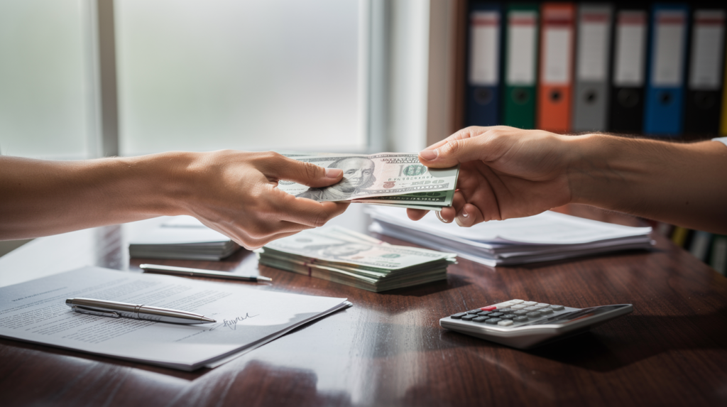 Two people exchange a stack of US hundred-dollar bills over a desk with paperwork, a pen, and a calculator, illustrating a personal loans transaction—a realistic scene from the world of personal finance.