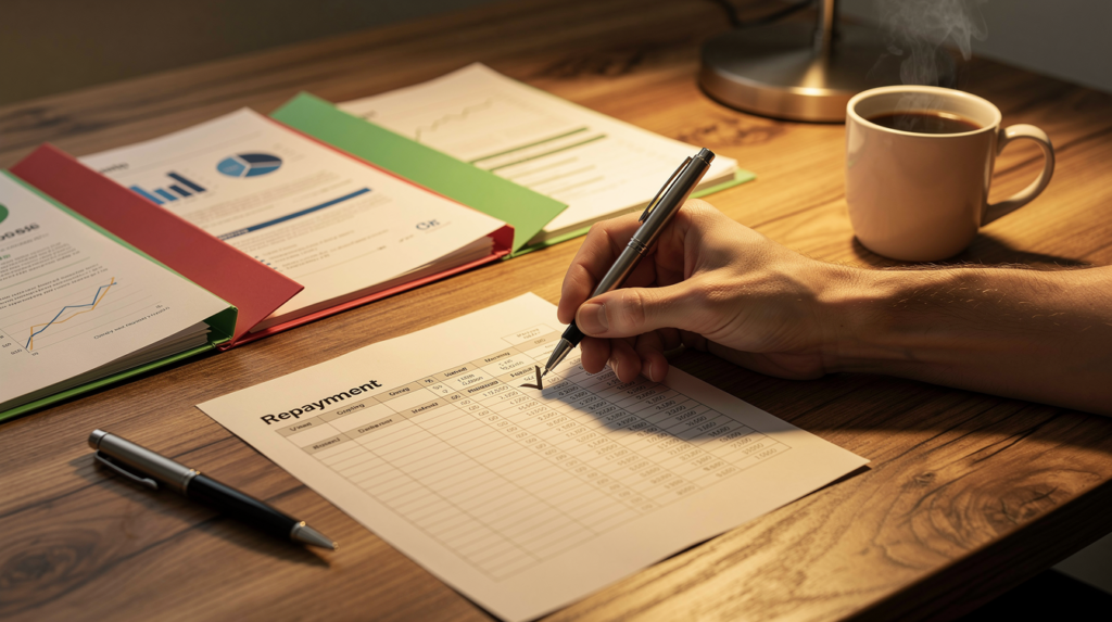 A person fills out a repayment form at a wooden desk with financial documents and a pen, considering how to manage multiple loans, while a cup of coffee and a warm desk lamp add comfort to the scene.