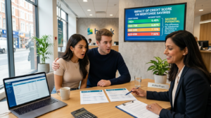 A couple looks surprised while speaking with a financial advisor at a desk, reviewing documents. A screen behind them explains how your credit score can affect loan costs, displaying details about credit scores and mortgage interest rates.