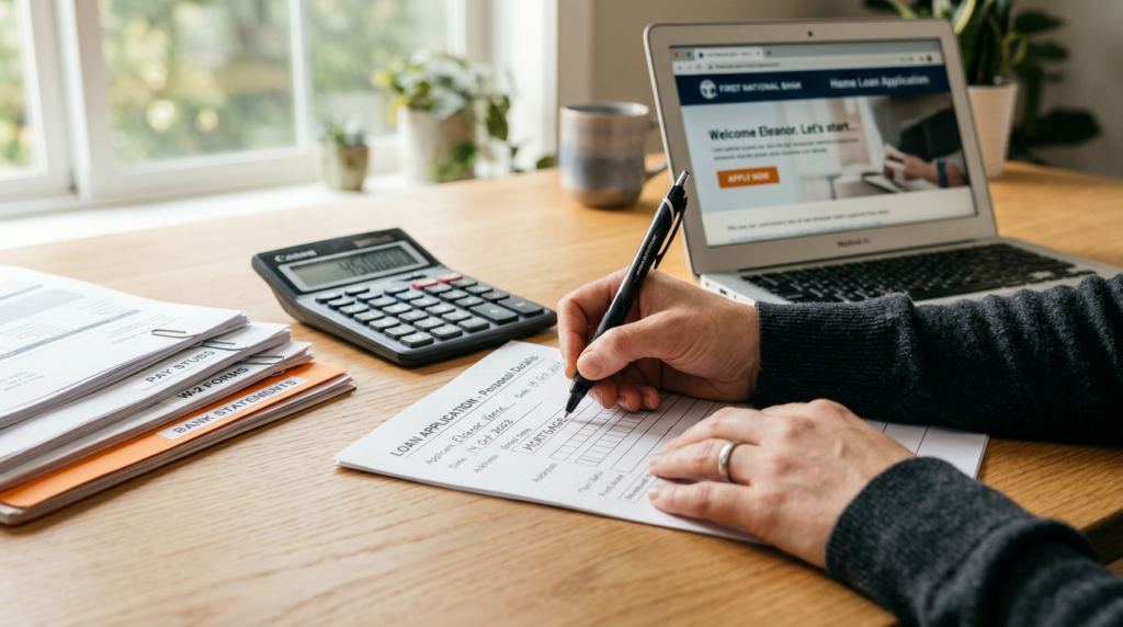 A person explores a Beginner's Guide to Personal Loans while filling out a loan application at a desk with a calculator, laptop displaying a home loan website, documents, and plants by the window in the background.