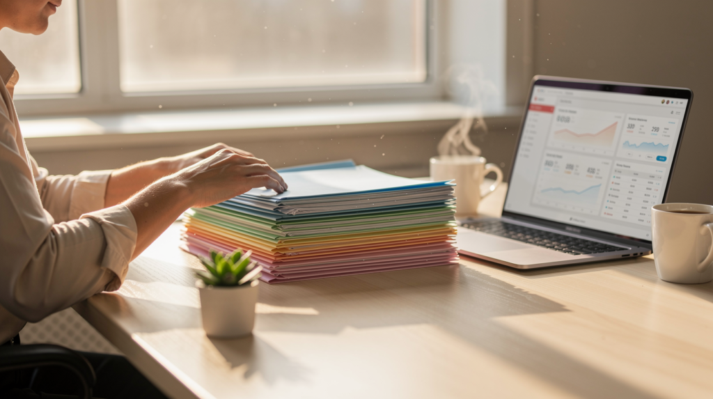 A person at a desk organizes colorful folders beside a laptop displaying financial charts about how to manage multiple loans. A coffee cup steams nearby, and a small potted plant sits on the sunlit workspace.
