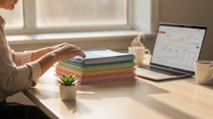 A person at a desk organizes colorful folders beside a laptop displaying financial charts about how to manage multiple loans. A coffee cup steams nearby, and a small potted plant sits on the sunlit workspace.