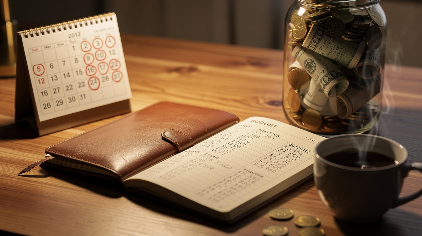 A wooden desk with a calendar, a closed leather notebook, an open budget planner detailing how to repay a loan faster, a jar filled with coins, scattered coins, and a steaming cup of coffee. Warm light illuminates the scene.