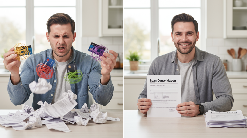 Split image: Left—frustrated man surrounded by tangled wires, credit cards, and crumpled bills. Right—same man happily holding a "Loan Consolidation" document in a tidy kitchen, showing how loan consolidation works to bring financial relief.