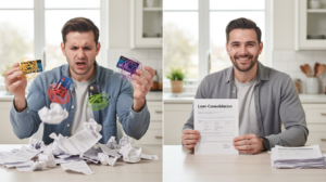 A man looks stressed with bills and credit cards in a messy kitchen. Later, he appears relaxed and happy, holding a form titled “Loan Consolidation Explained” in a tidy kitchen.