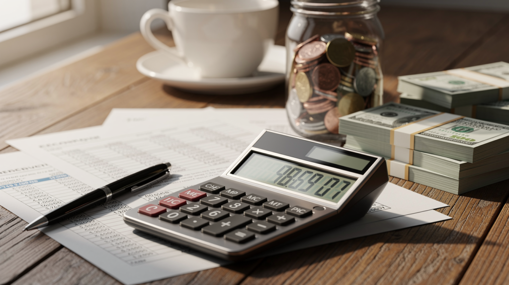 A calculator displaying numbers sits on financial documents beside a pen, a glass jar of coins, and stacks of dollar bills—a perfect scene for a Beginner's Guide to Personal Loans—on a wooden desk with a coffee cup in the background.