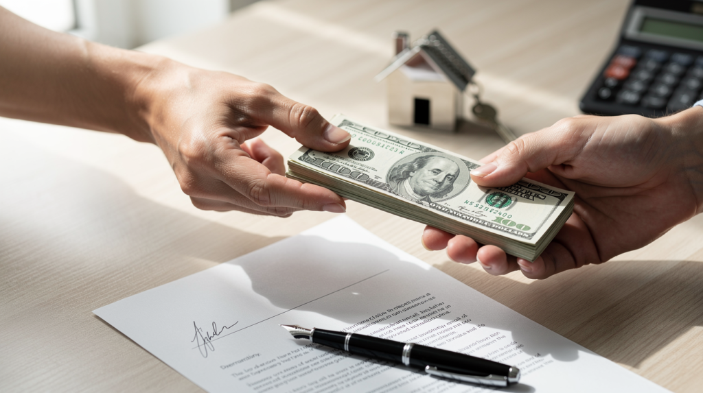 Two people exchange a stack of U.S. hundred-dollar bills over a signed contract on a table, symbolizing Personal Loans, with a small house model, pen, and calculator in the background—perfect for any Beginner's Guide to borrowing.