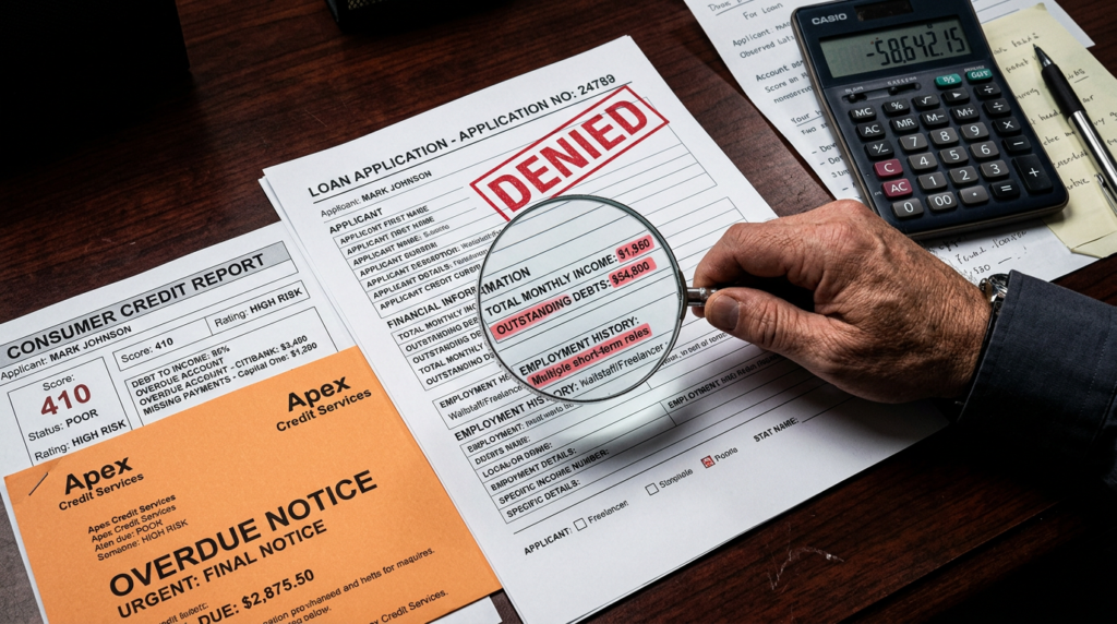A person holds a magnifying glass over a denied loan application, highlighting outstanding debts—showing what lenders look for when reviewing loan applications. Nearby are a poor credit report, overdue notice, and calculator on a wooden desk.