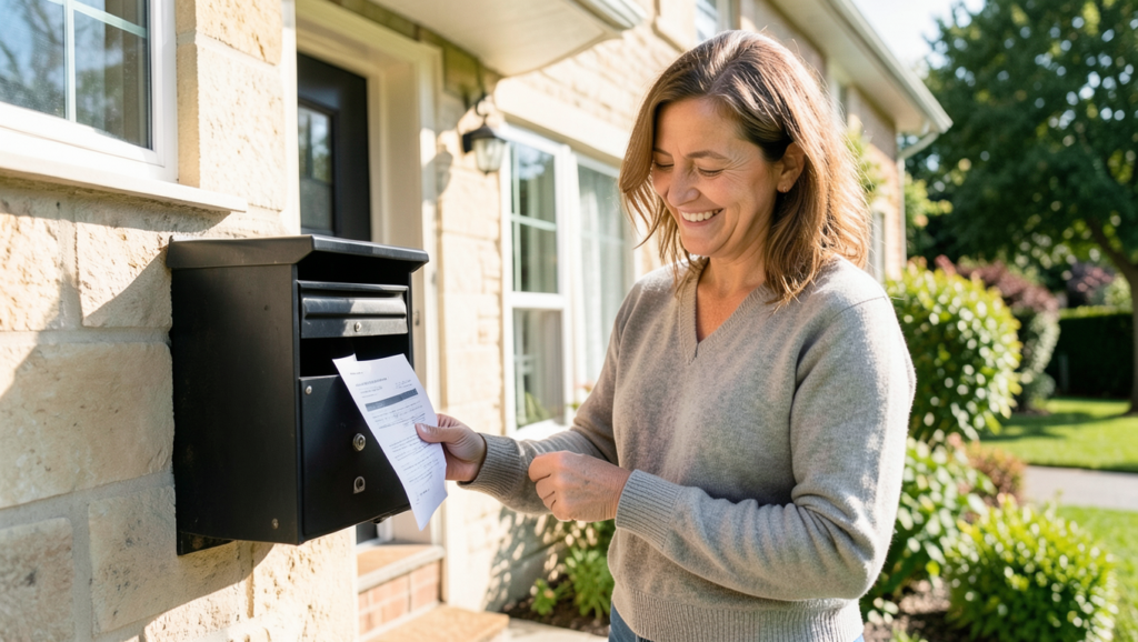 A woman stands outside a house, smiling as she takes a letter from a black mailbox attached to the wall—perhaps good news about her progress with the Snowball vs Avalanche Debt Repayment method. She is wearing a light gray sweater and jeans in the sunny weather.