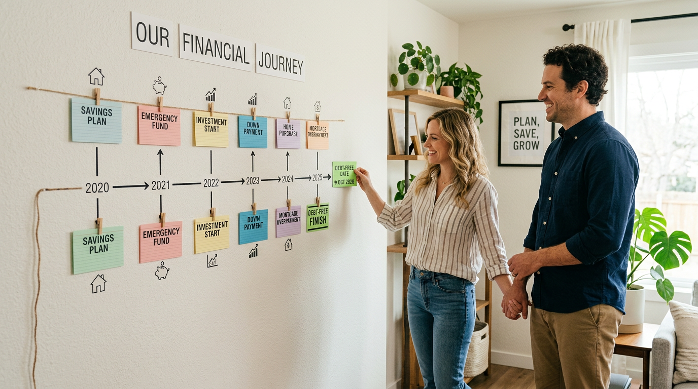 A smiling couple stands in their living room, holding hands and pointing at a timeline labeled "Our Financial Journey," featuring milestones like savings plan, emergency fund, and choosing Snowball vs Avalanche Debt Repayment to tackle their mortgage.