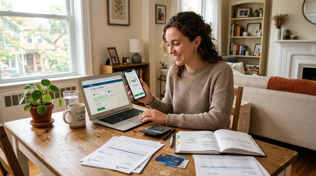 A woman sits at a table with a laptop, smartphone, calculator, papers, and notebook, smiling while checking her credit score—an important step toward easier loan approval. The bright room features bookshelves, plants, and windows in the background.