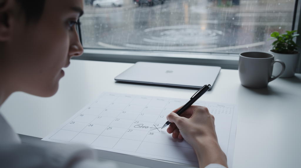 A person sits at a desk by a window, writing “Gho” on a paper calendar with a pen—perhaps planning their Snowball vs Avalanche Debt Repayment. A closed laptop, coffee mug, and small potted plant sit nearby as rain falls outside.