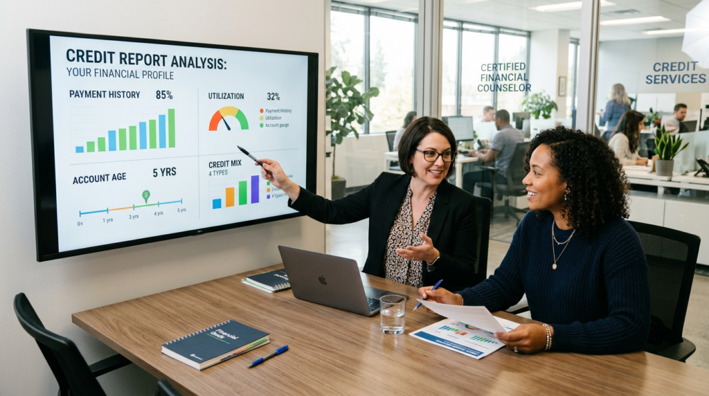 Two women sit at a conference table discussing a credit report analysis and credit score displayed on a large screen, which shows payment history, utilization, account age, and credit mix. Offices and coworkers are visible in the background.