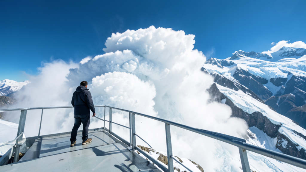 A person stands on a metal viewing platform, watching a massive avalanche cascade down the mountain—like witnessing Snowball vs Avalanche Debt Repayment strategies in action—set against snow-covered peaks and a bright blue sky.