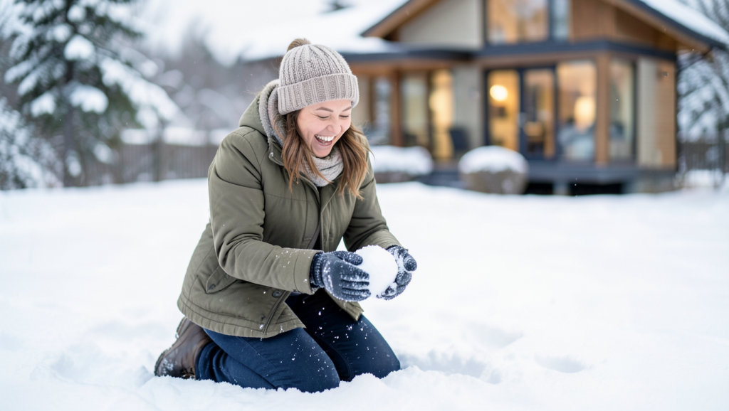 A woman wearing a knit hat and winter coat kneels in the snow, smiling as she forms a snowball—capturing the spirit of the Snowball vs Avalanche Debt Repayment methods. A modern house and snow-covered trees are in the background.
