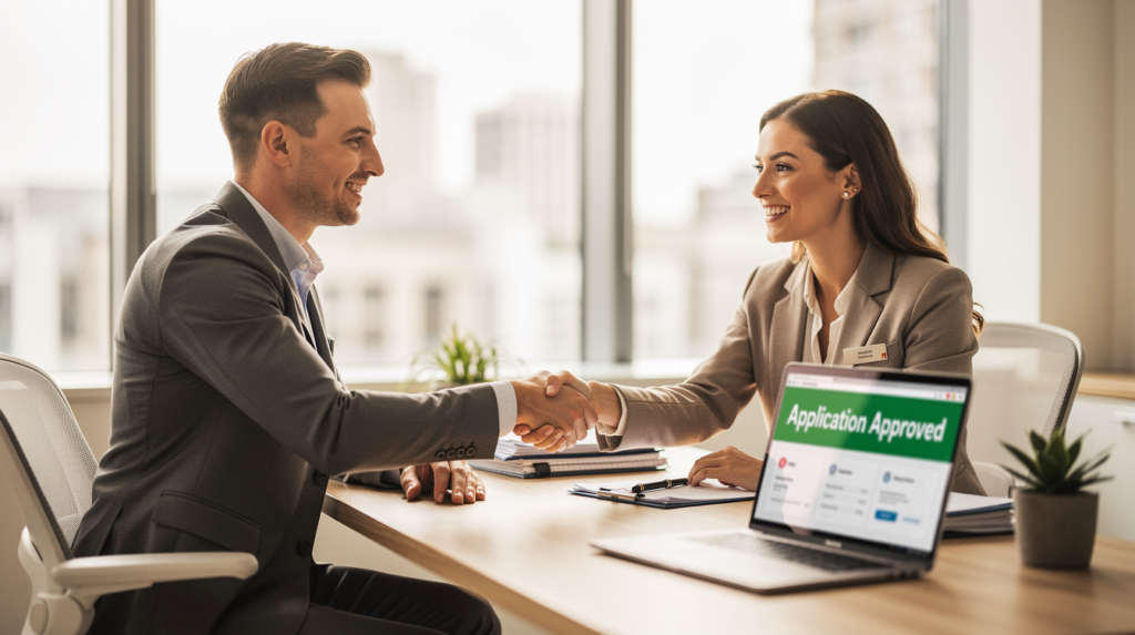 Two professionals in business attire shake hands across a desk in a modern office. A laptop screen shows "Application Approved," highlighting What Lenders Look for When Reviewing Loan Applications. Both are smiling, clearly pleased with the outcome.