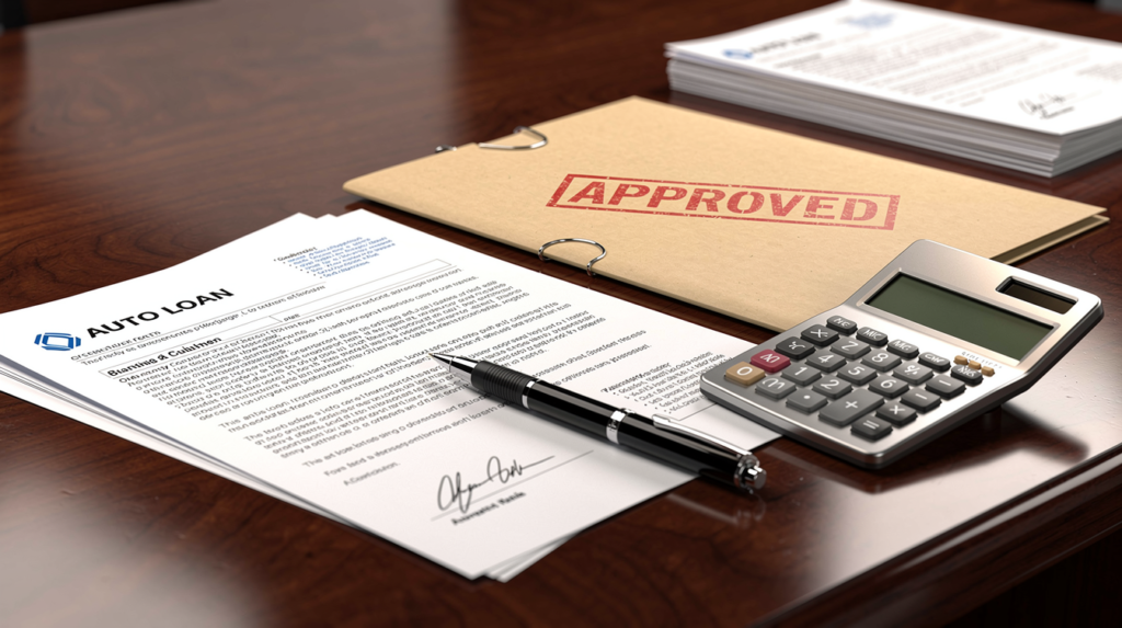 A desk with an auto loan application, a pen, a calculator, and a folder labeled "APPROVED" in red letters highlights What Lenders Look for When Reviewing Loan Applications and signifies a successful approval.