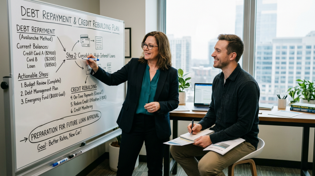Two professionals discuss a debt repayment plan at a whiteboard in an office. The woman points to steps for lowering loan costs, while the man holds papers, both smiling. City buildings are visible through the window.