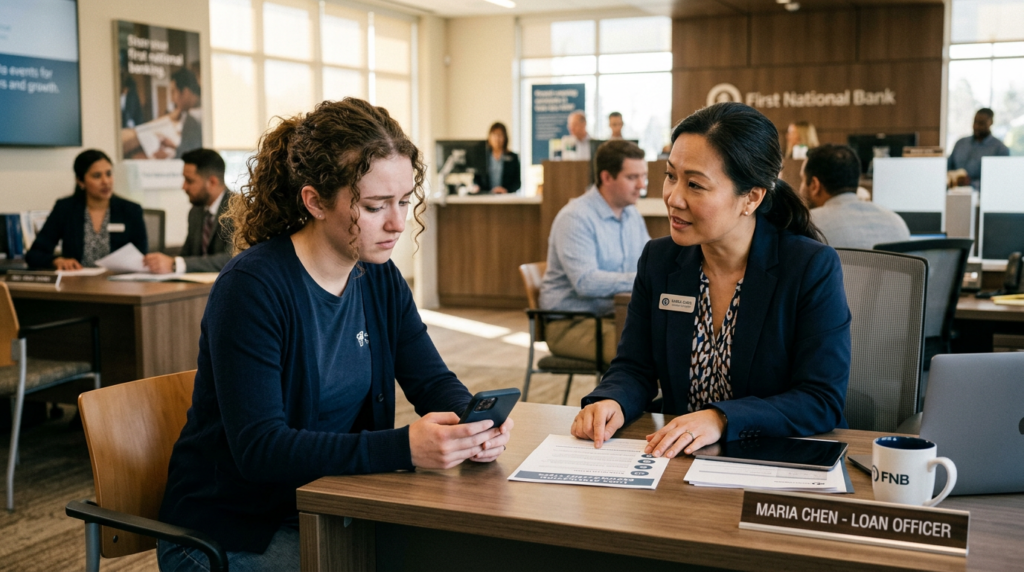 A bank loan officer speaks with a customer at a desk, discussing how loan costs and credit score affect approvals. The customer checks her phone, while other people work and meet in the busy office. A nameplate reads "Maria Chen – Loan Officer.