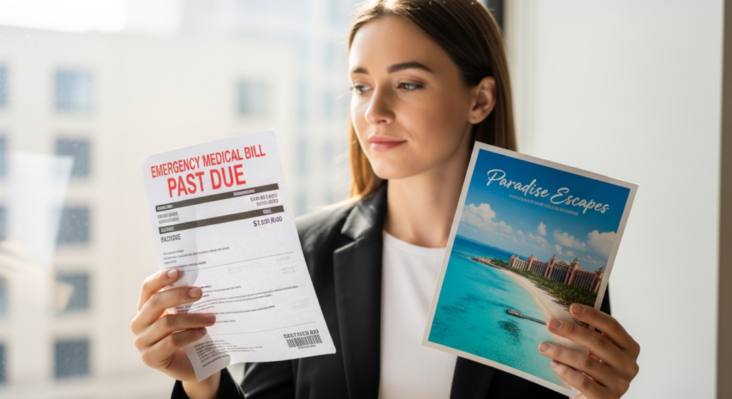 A woman in business attire looks thoughtfully at a past-due emergency medical bill and a Paradise Escapes travel brochure, considering her options as she stands by a window with city buildings—Personal Loans Explained materials nearby.