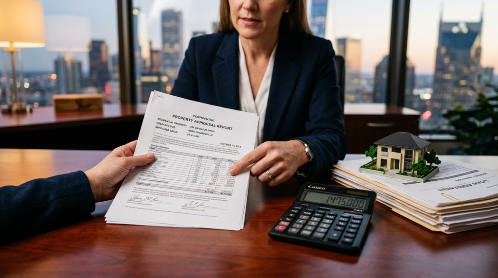 A woman in business attire hands a property appraisal report to another person in an office with city views, reflecting what lenders look for when reviewing loan applications. A calculator, paperwork, and a small model house are on the desk.
